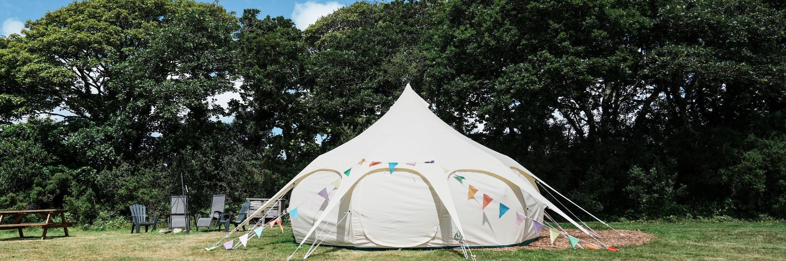 5m Tents - picture of a canvas, 5m bell tent with roof cover. Perfect 4 man tent with lots of standing room and superior quality. Lotus Belle